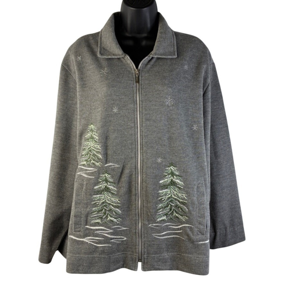 Links Womens XL Gray Zip‎ Up Cardigan Sweater Embroidered Pine Trees Snowflakes